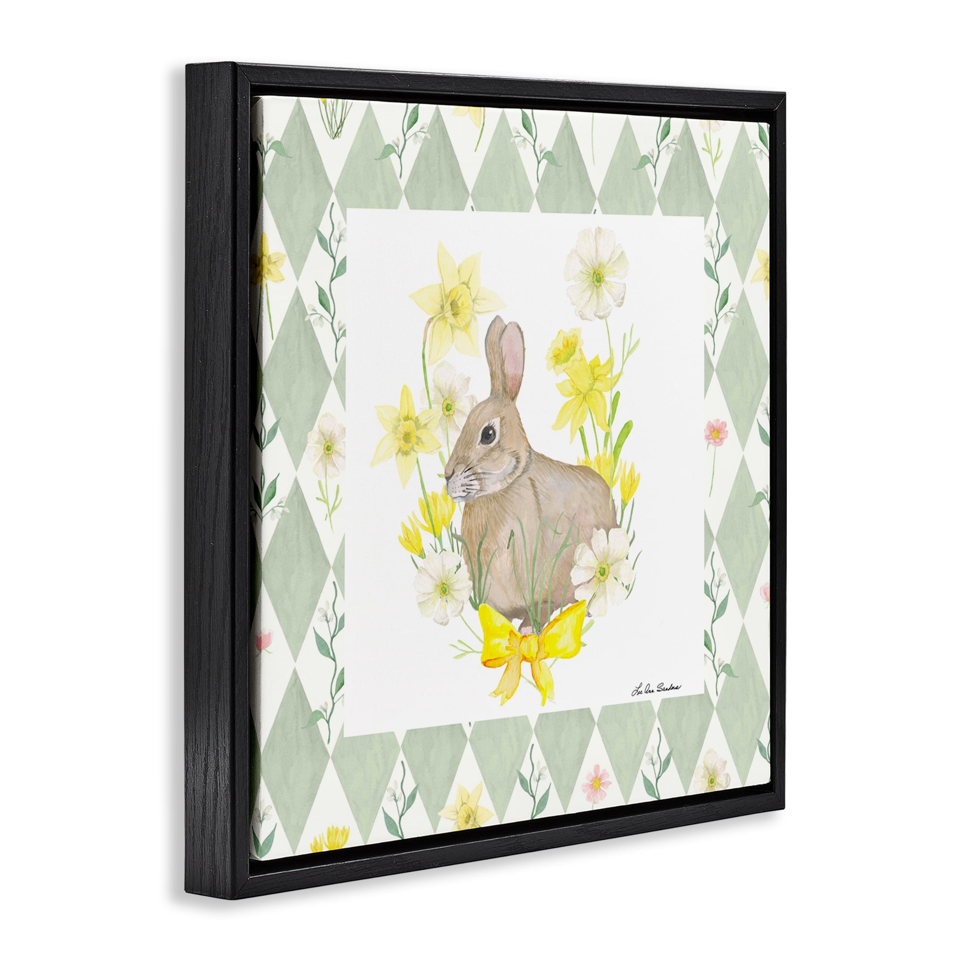 Mother Bunny on Green Argyle Black Framed Floater Canvas Wall Art, design by Lee Ann Sanders