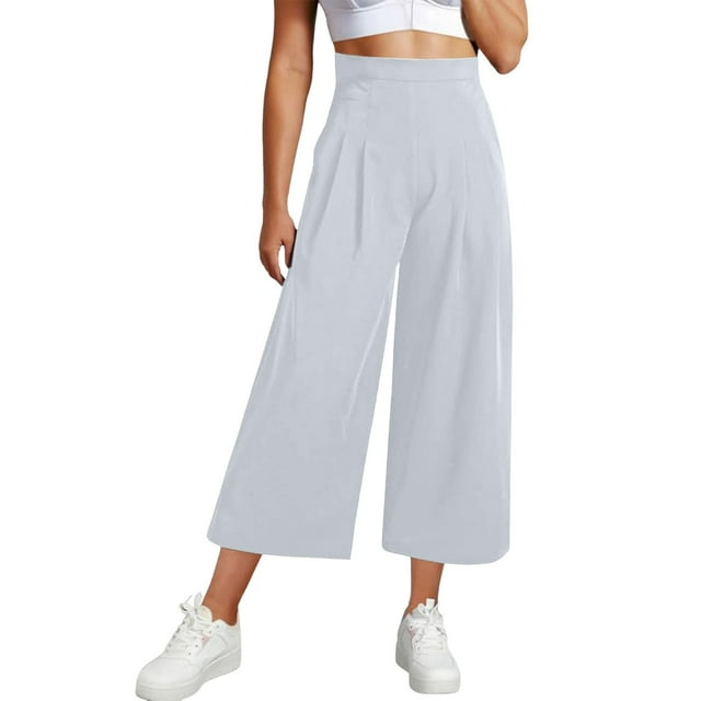 Womens Wide Leg Cropped Suit Pants Work Business Summer Pleated Waisted Side Zipper Up Trousers With Pockets