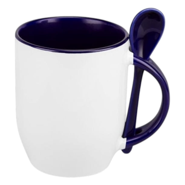 Paquete con 36 piezas de Taza cerámica sublimable y cuchara integrada en el asa azul 8 x 10.5