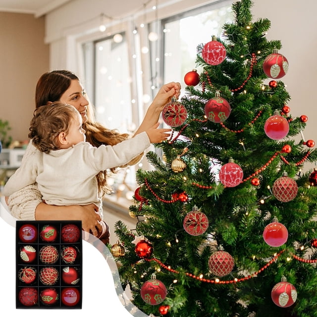 Adornos Navideños Irrompibles de Plástico Rojo, Set de 12 Piezas | Varios Estilos para Árboles de Navidad y Decoración de Fiestas, 6X6X6 Cm