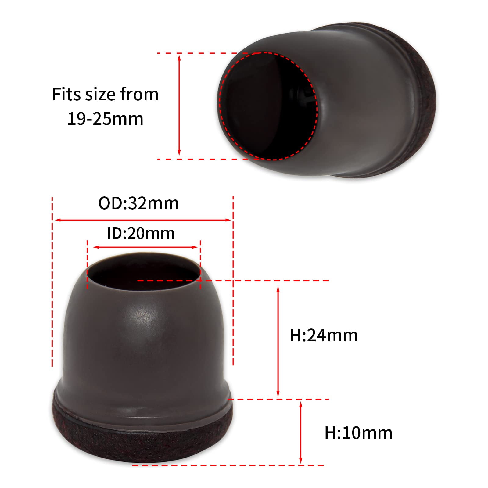 Flyshop 8PCS Round Chair Leg Caps with Felt Pads Durable Floor Protectors for Hardwood Floor Prevent Scratches Reduce Noise Foot Cap, Dark Brown Protective Caps, 19 to 25 mm