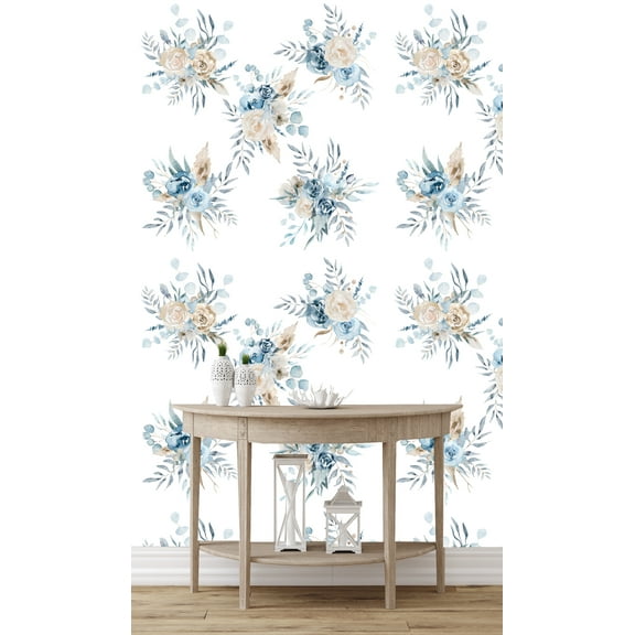Gold and Blue Florals Wallpaper Peel and Stick 10'L x 24''W