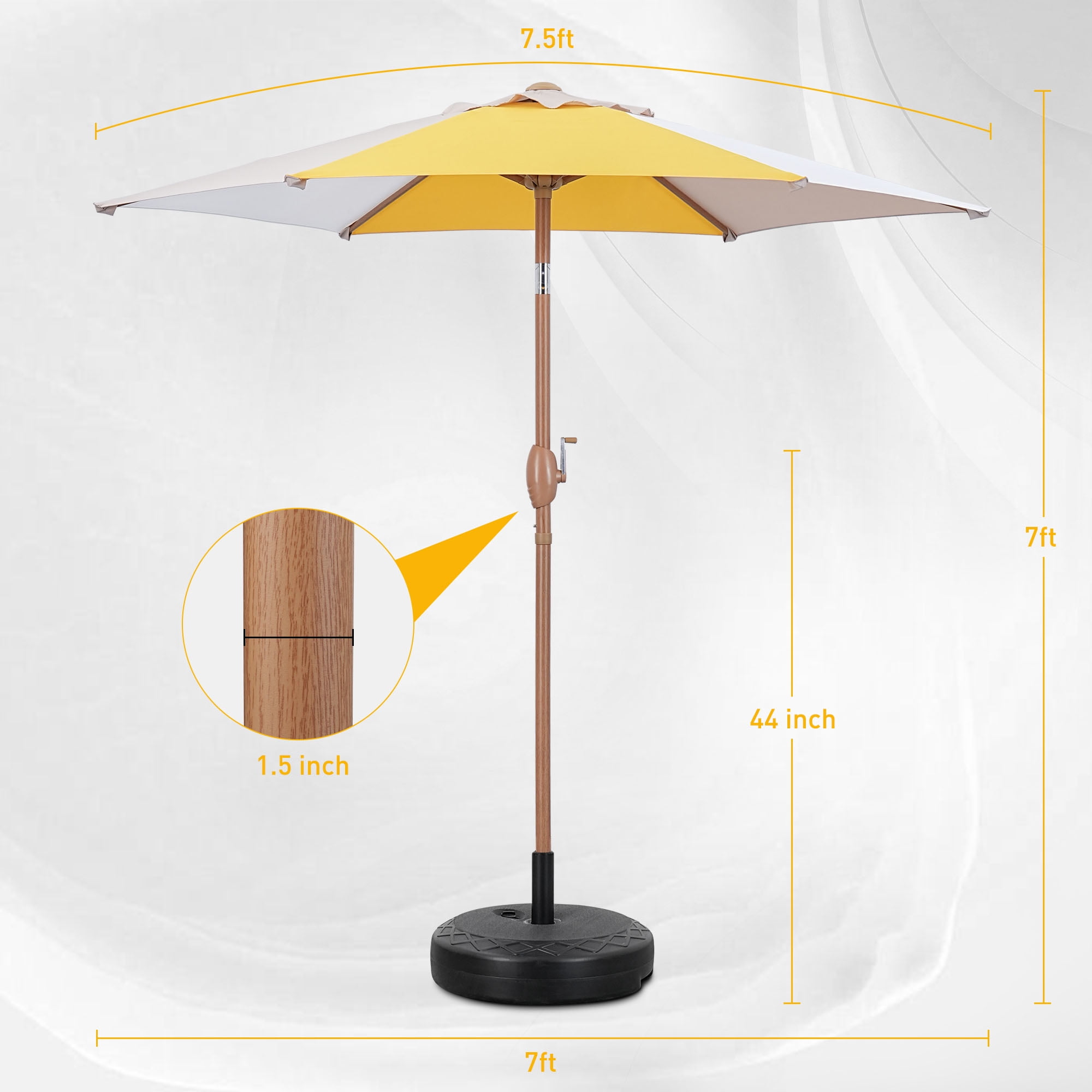 Autlaycil 7.5ft Yellow/Khaki/White Patio Umbrella with Base and Button Tilt Sun Shelter UV Protection Beach for Market, Beach, Patio, Pool, Garden Backyard