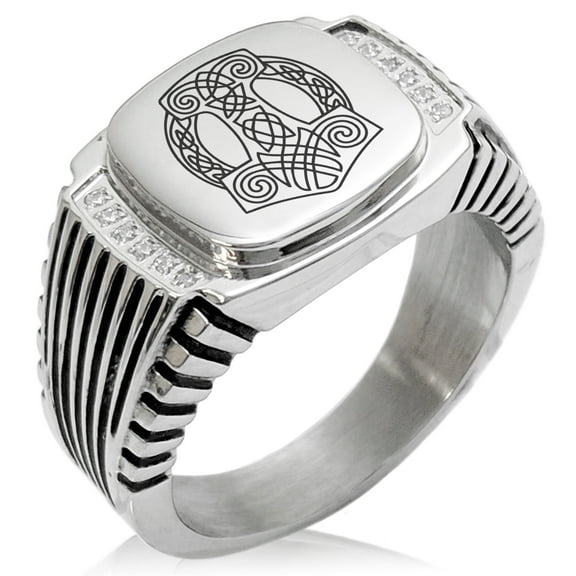 Stainless Steel Majesty Thor's Hammer Mjolnir Viking CZ Ribbed Needle Stripe Pattern Biker Style Polished Ring