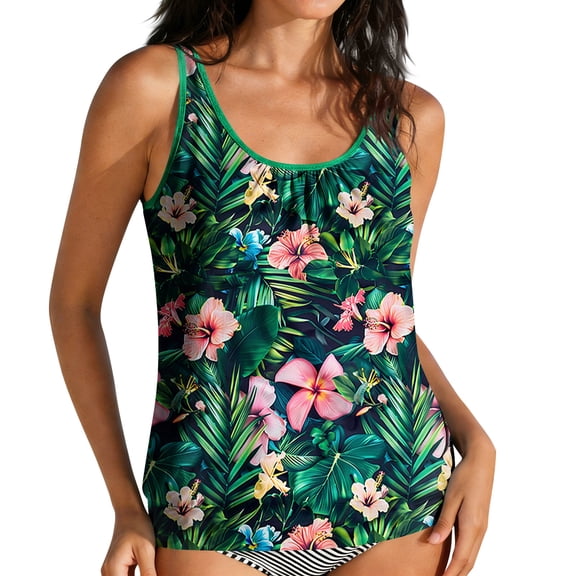 qucoqpe Two Piece Tankini Swimsuits for Women Fashion Floral Print Blouson Modest Bathing Suits Summer Vacation Sporty Swimwear with Bottom