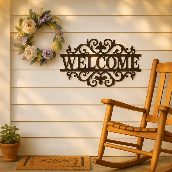 HELLOYOUNG 13.78 Inch Boho Porch Welcome Wall Art Ornate Metal Scrollwork Horizontal Design Easy To Install for Home Decor Welcome Markers Sign