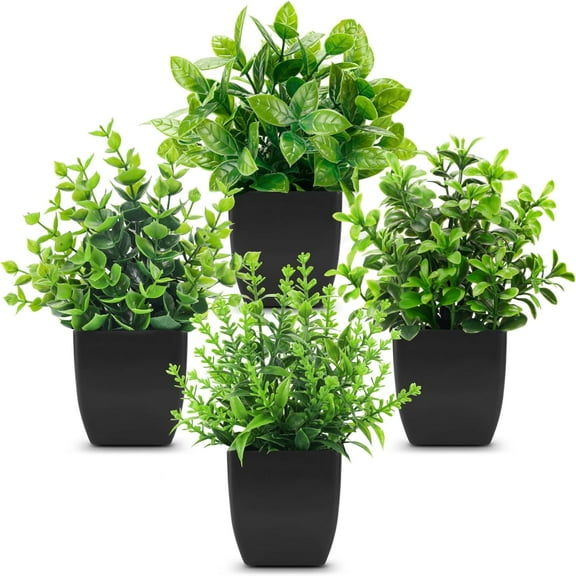 4 Pack Fake Plants Mini Artificial Greenery Potted Plants for Halloween Decor Indoor Office Table Room Farmhouse Black Bathroom Decor