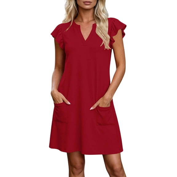 TEAJOPSUU Women's Casual A-Line Dresses with Pockets Cap Sleeve V Neck Mini Tshirt Dresses Flowy Sundress Red