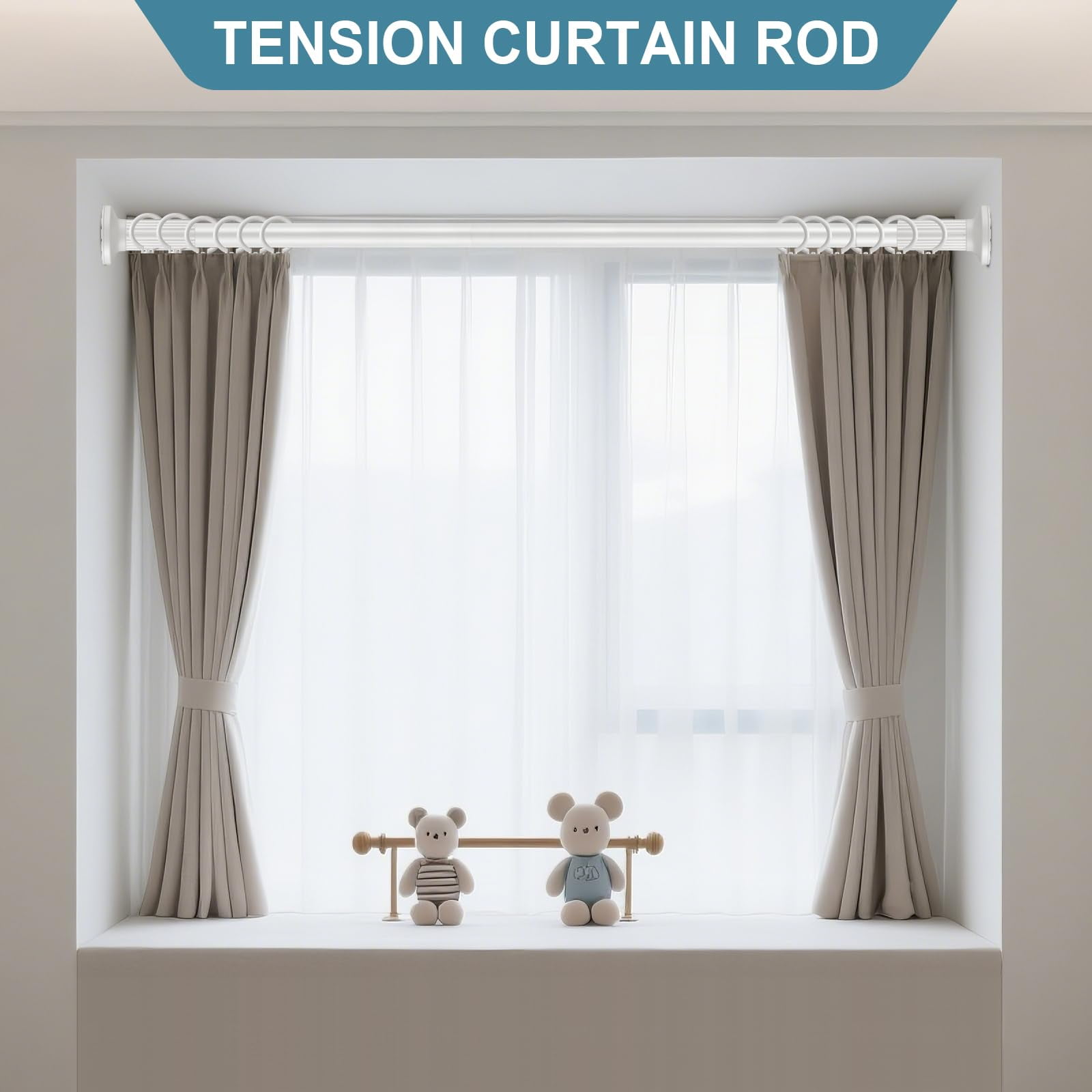 SPOKKI Tension Curtain Rod, 51-168 Inches Adjustable Closet Tension Rod Rust-free No Drilling Shower Curtain Rod, Anti-slip Spring Steel Rod for Bathroom White