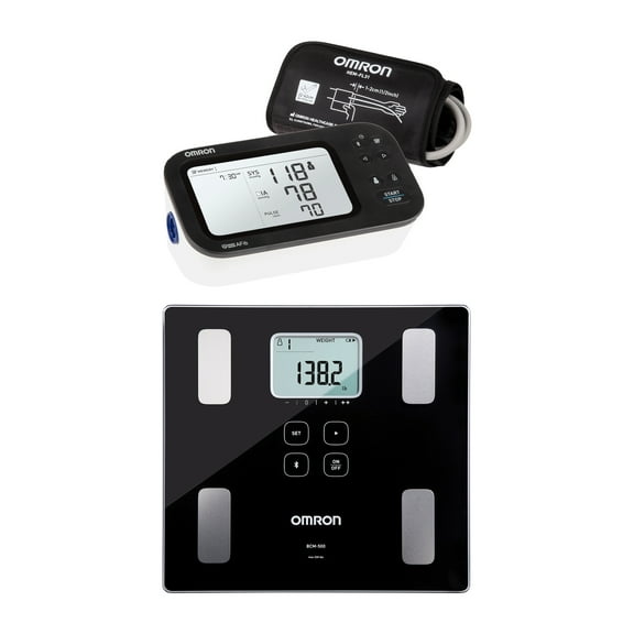 Omron 7 Series Upper Arm Blood Pressure Monitor and Body Composition 330-Lb. Capacity Bathroom Scale Kit