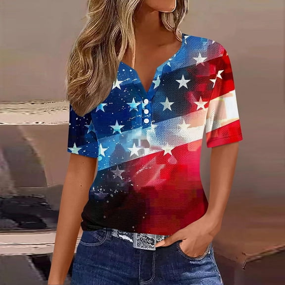 Odbmxy 4th of July T Shirt Women V-Neck Elbow-Length Plus Size Womens Tops Summer Button Casual Vacation Loose Stars Tops