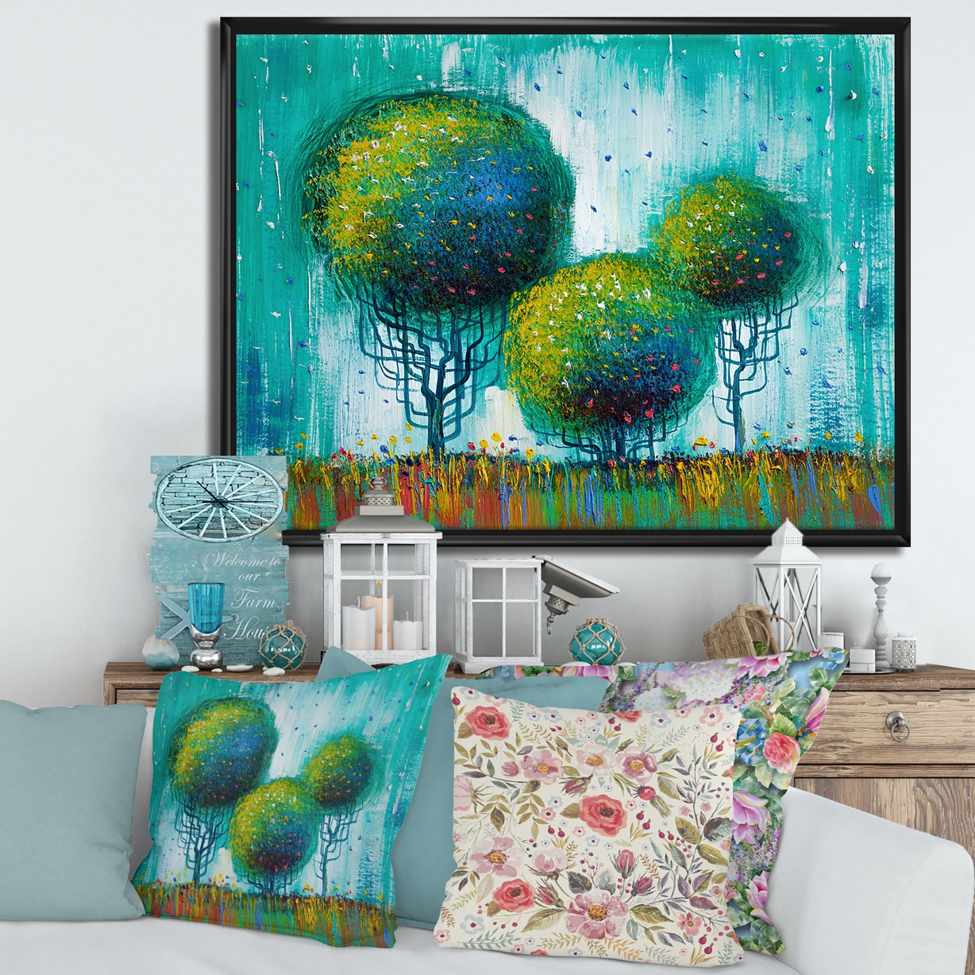 Designart 'Colourful Landscape Trees Impressionist II' Modern Framed Canvas Wall Art Print