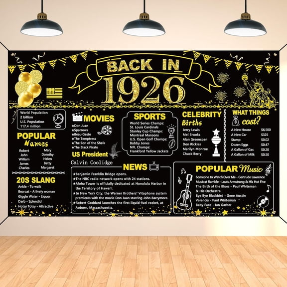 100th Birthday Black Gold Party Decoration, Back in 1926 Banner 100 Year Old Birthday Party Poster Supplies, 6x3.6ft Large Vintage 1926 Backdrop Photography Background for Men and Women