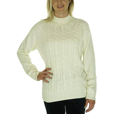 Karen Scott Women's Petite Long Sleeve Cable Knit Mock Neck Sweater Medium Petite Eggshell