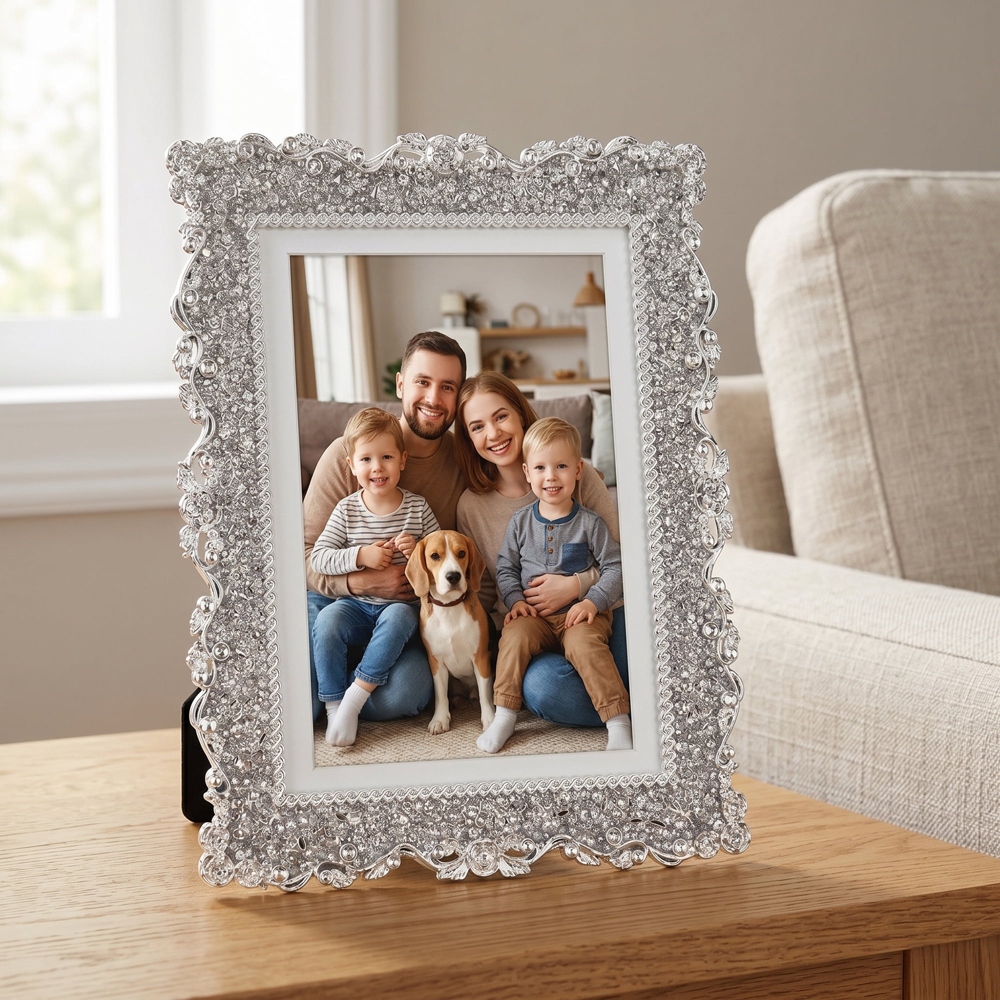REGALWOVEN Modern Plated Picture Frame with Crystal for Wedding, Shiny Photo Frames with Clear Glass on the Desk Silver Rectangle 5"x7"