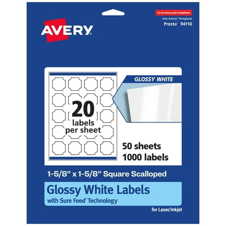 UPC: 0194793903010 | Avery Glossy White Square Scalloped Labels with Sure Feed  1-5/8  x 1-5/8   1 000 Glossy White Labels  Print-to-the-Edge  Permanent Label Adhesive  Laser/Inkjet Printable Labels