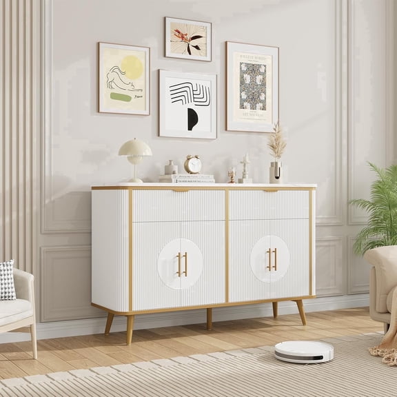 Vecenuy 47.2" Buffet Storage Cabinet, Modern Fluted Coffee Bar with 2 Drawers & Adjustable Shelves, Kitchen Sideboard for Dining Room, Living Room, Hallway, White