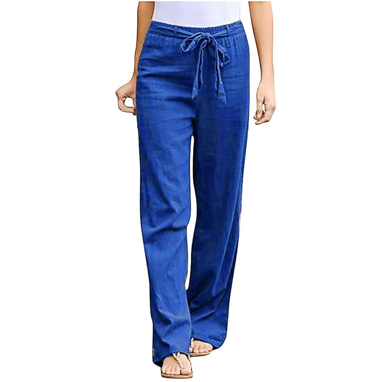 Bigersell Women Work Pants Womens Wide Leg Linen Pants Drawstring Elastic  Waist Loose Fit Long Lounge Pants Trousers with Pockets Dressy Casual