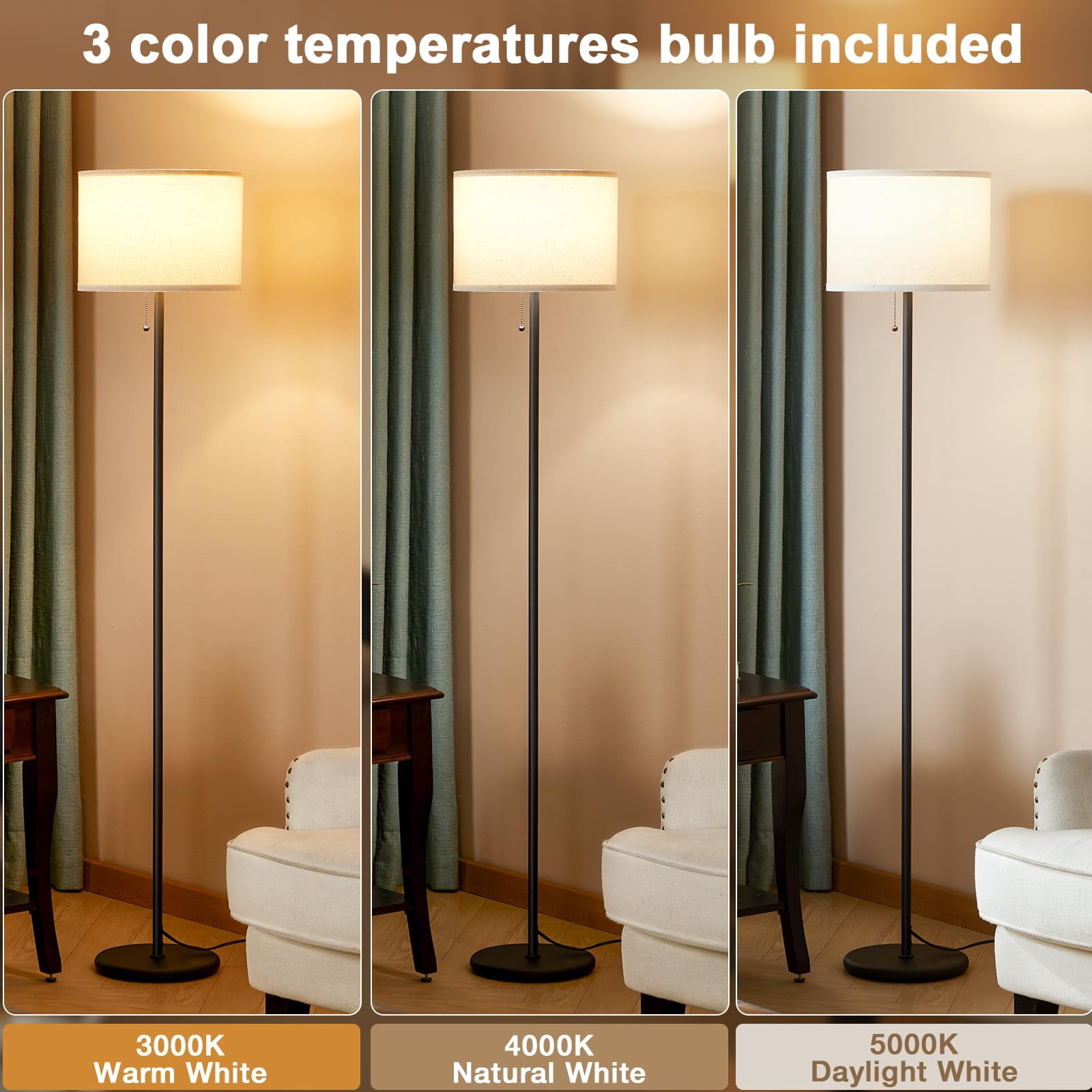 Modern Standing Floor Lamp For Living Room & Bedroom With 3 Color Temperatures Bulb Pull Chain  60" Tall Beige Shade Black Pole