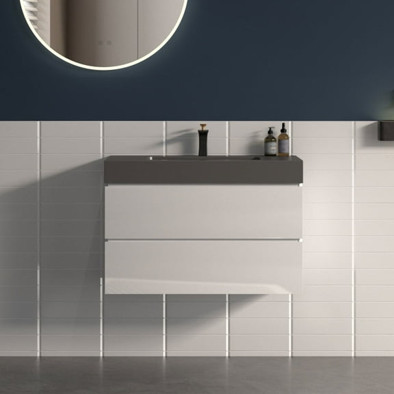 CITTANEO 30 inch Floating Bathroom Vanity with Black Sink, Modern Bathroom Cabinet in White