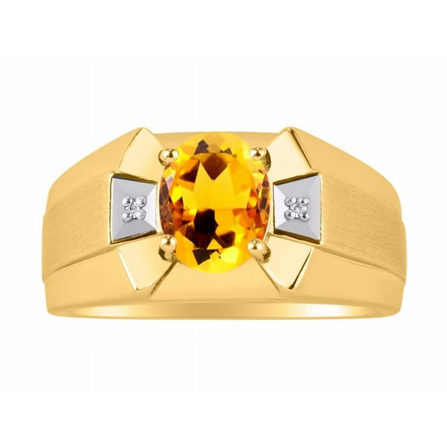 RYLOS Men's Rings Yellow Gold Plated Silver Rings Classic Designer 9X7MM Gemstone & Diamond Ring Citrine November Birthstone Ring Size 10