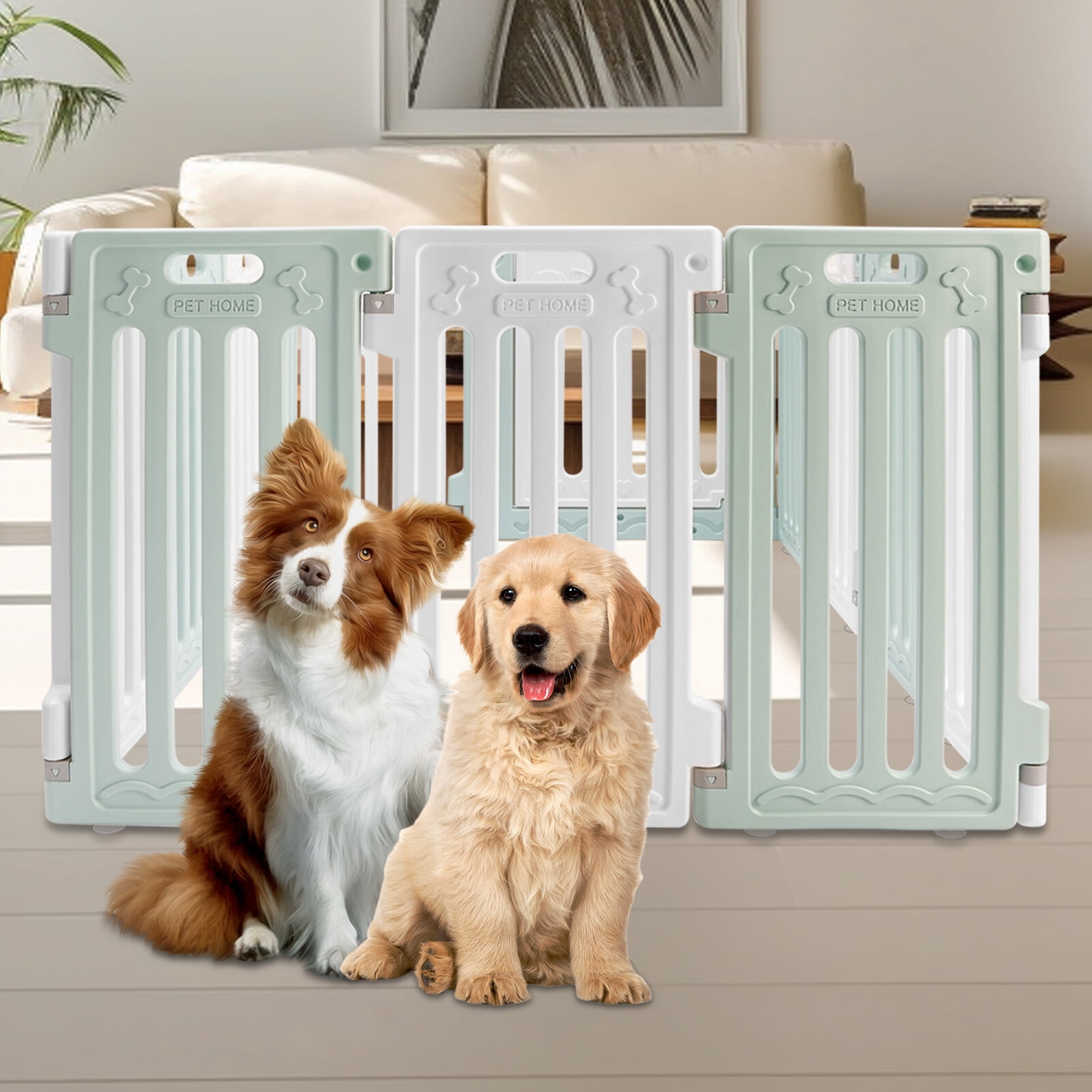 11 Panels Pet Barrier, Dog Playpen with Door, HDPE, Pet Safety Fence for Indoor, Green and White