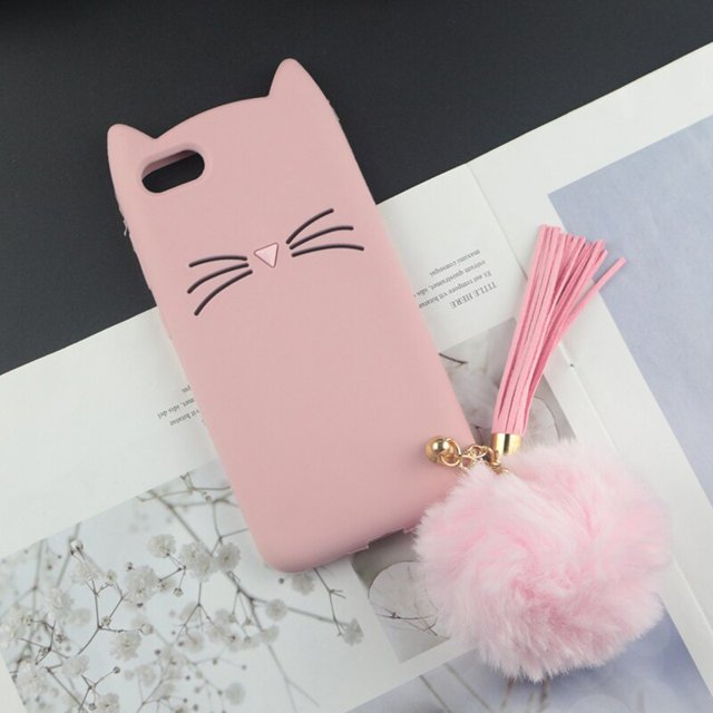 Bonita funda de silicona con dibujos en 3D para iPhone, 14, 13, 11, 12 Pro, 7, 8 Plus, 6s, 5, 5S, SE, 4s, XS, Max, XR, purpurina, Barba, gato, orejas encantadoras Fivean unisex
