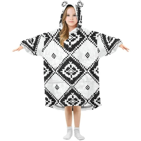 Black and White Art Squares Flannel Wearable Blankets Hooded Design Long Sleeves Wrap Unisex for 3T-14Y S