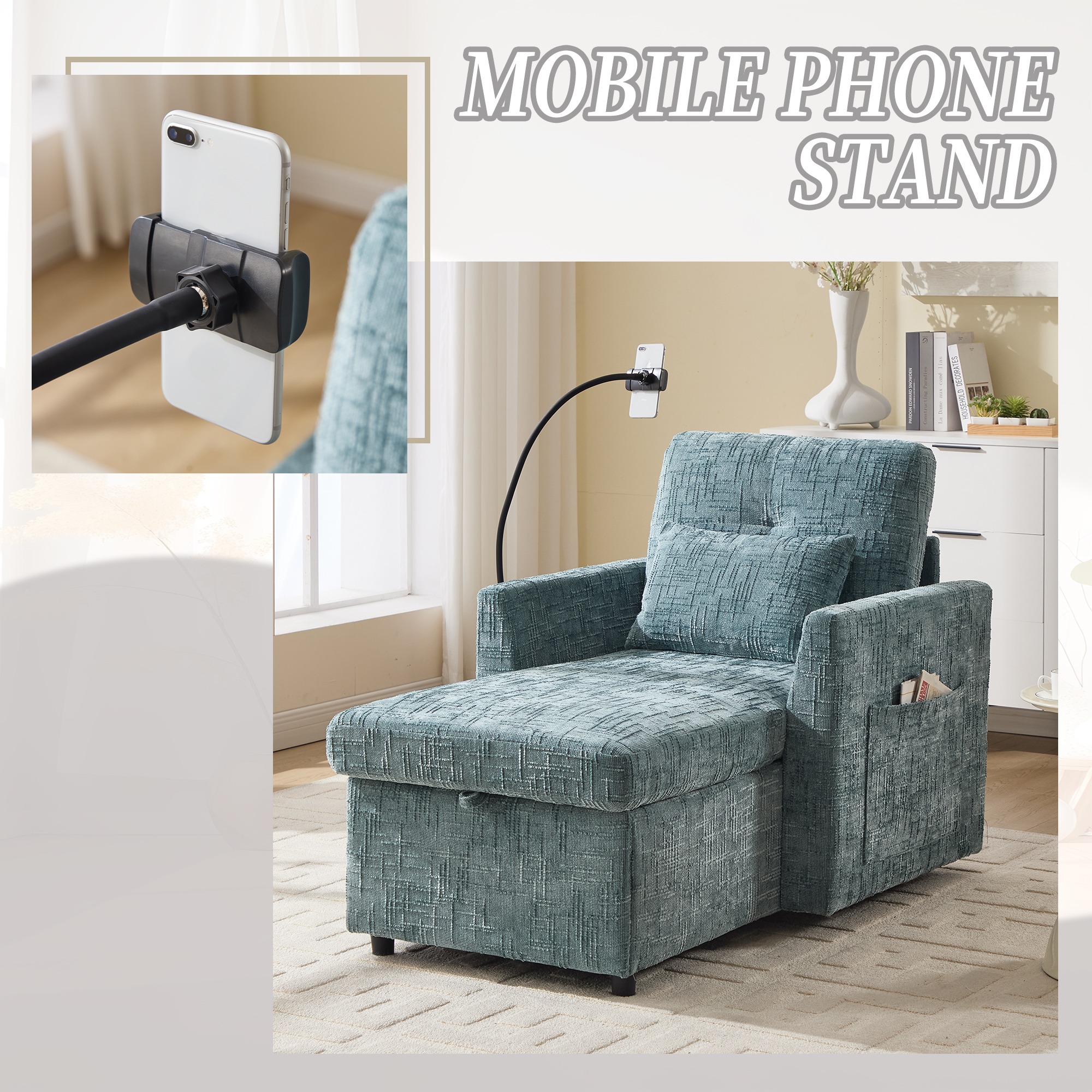 MOONMISS Chenille Upholstered Storage Lazy Single Leisure Chair Sofa with Phone Holder&Side Pocket-Lake Blue