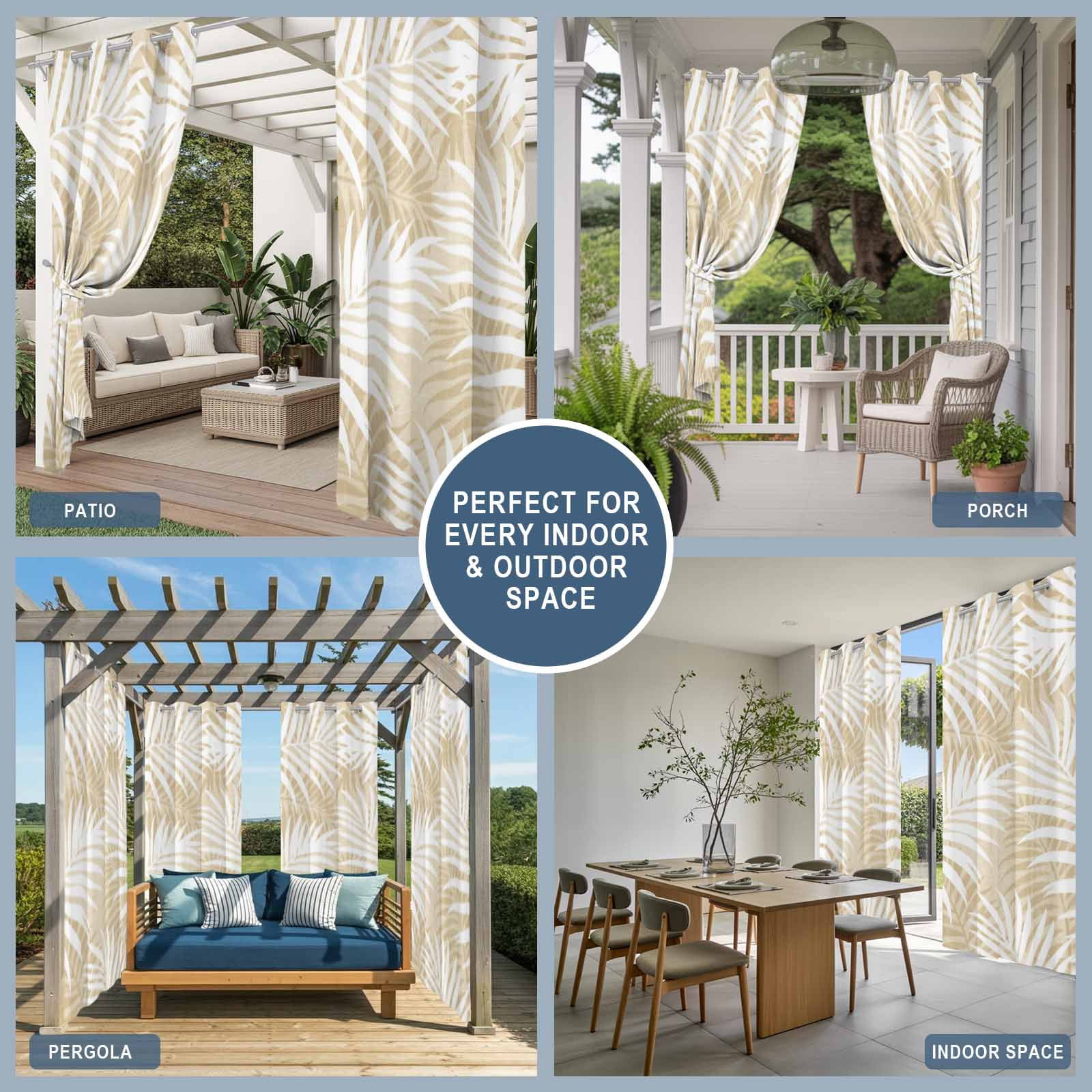 Summer Beige Palm Outdoor Curtains for Patio, Bohemian Country Watercolor Beige Leaf Abstract Stripe Sunshade Privacy Drapes Grommet Waterproof Outside Curtains for Porch Balcony 54"x108", 1 Panel