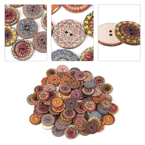 100 Pcs Mixed Pattern Vintage Wood Buttons with 2 Holes for Diy Sewing Craft Decorative 25Mm, Print Button, Vintage Wood Buttons