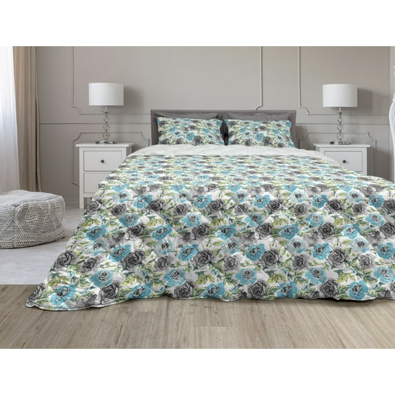 Rose Comforter & Sham Bedding Set, Watercolor Effect Design Flowers Spring Theme Pastel Tones Illustration, 3 pcs Duvet Set Microfiber Filling Quilt, 5 Sizes, Multicolor, by Ambesonne