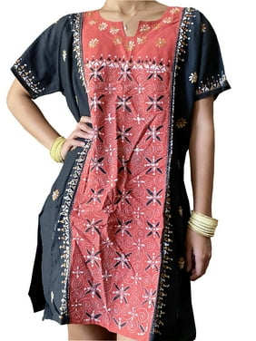 Mogul Women Tunic Blouse Cotton Red Black Embroidered Tunic Summer Boho Summer Ethnic Kurti M
