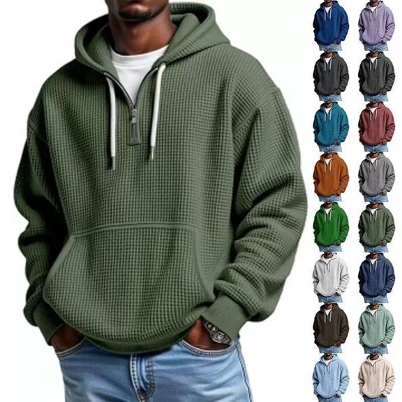 Hbtdoern Mens Textured Knit Hoodie Quarter Zip Pullover, Long Sleeve Loose Fit Sweatshirt with Pockets Casual Comfort Hooded Top