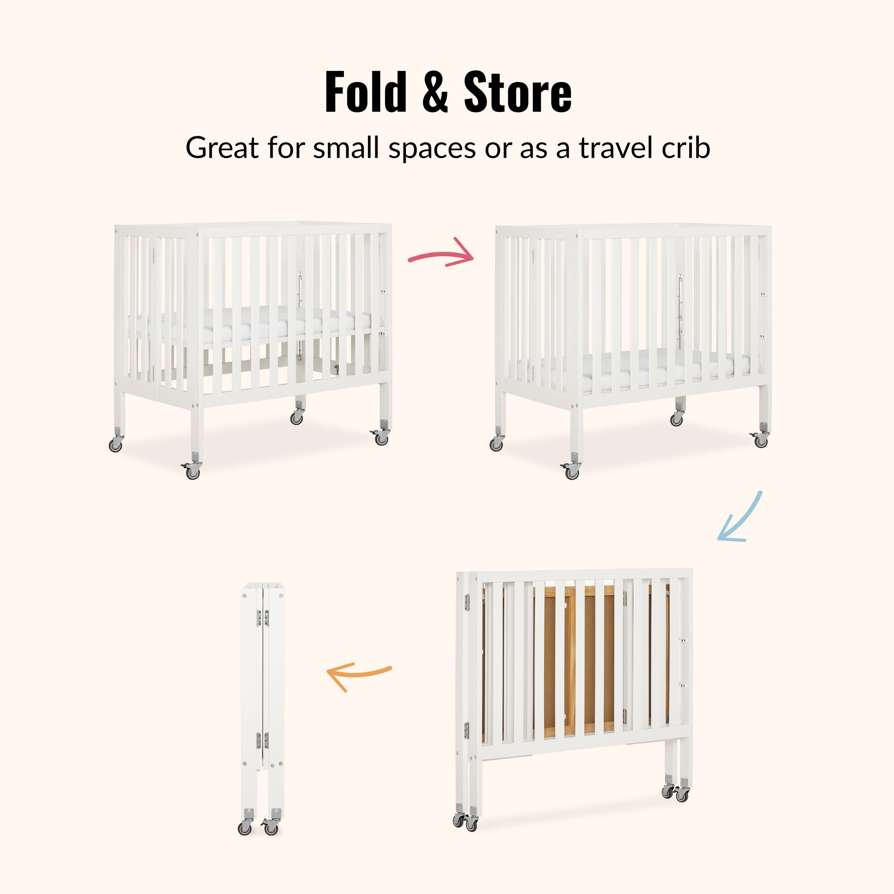 Dream On Me Jett Non-Full Size Folding Crib, Removable Wheels, Modern Nursey, Adjustable Mattress Support, Patent Folding System, Included 1.5” Mattress, Cannoli cream