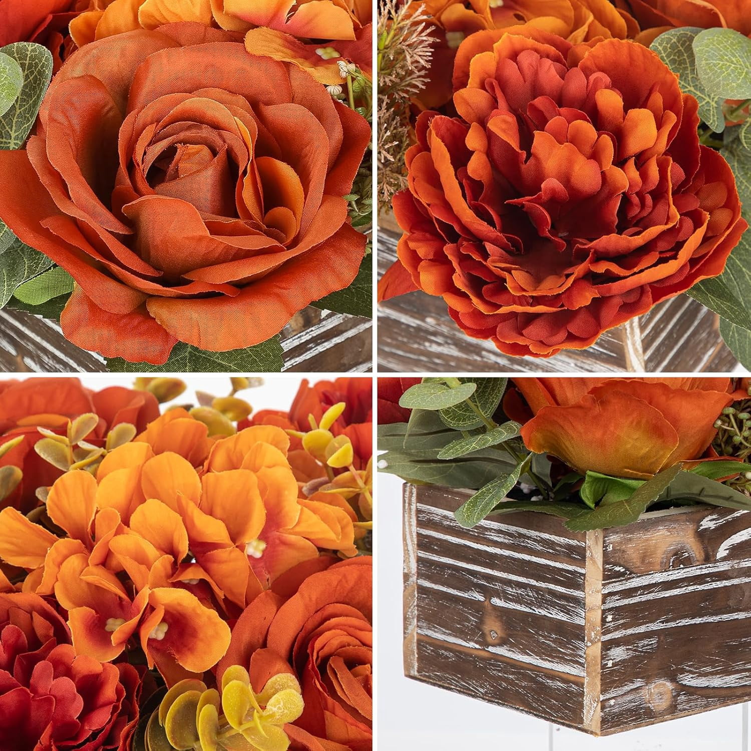 Flower Arrangement with Wooden Vase 14" Artificial Flowers in Pot - Fake Flowers Roses Peonies Hydrangeas in Wooden Vase Potted Flower Centerpieces for Table Decor Living Room - Dried Orange