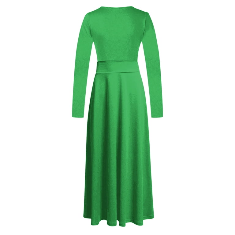 HAPIMO Women's Maxi A Line Splicing Dress Solid Color Round Neck Spring Elegant Casual Daily Trendy Long Sleeve Green M