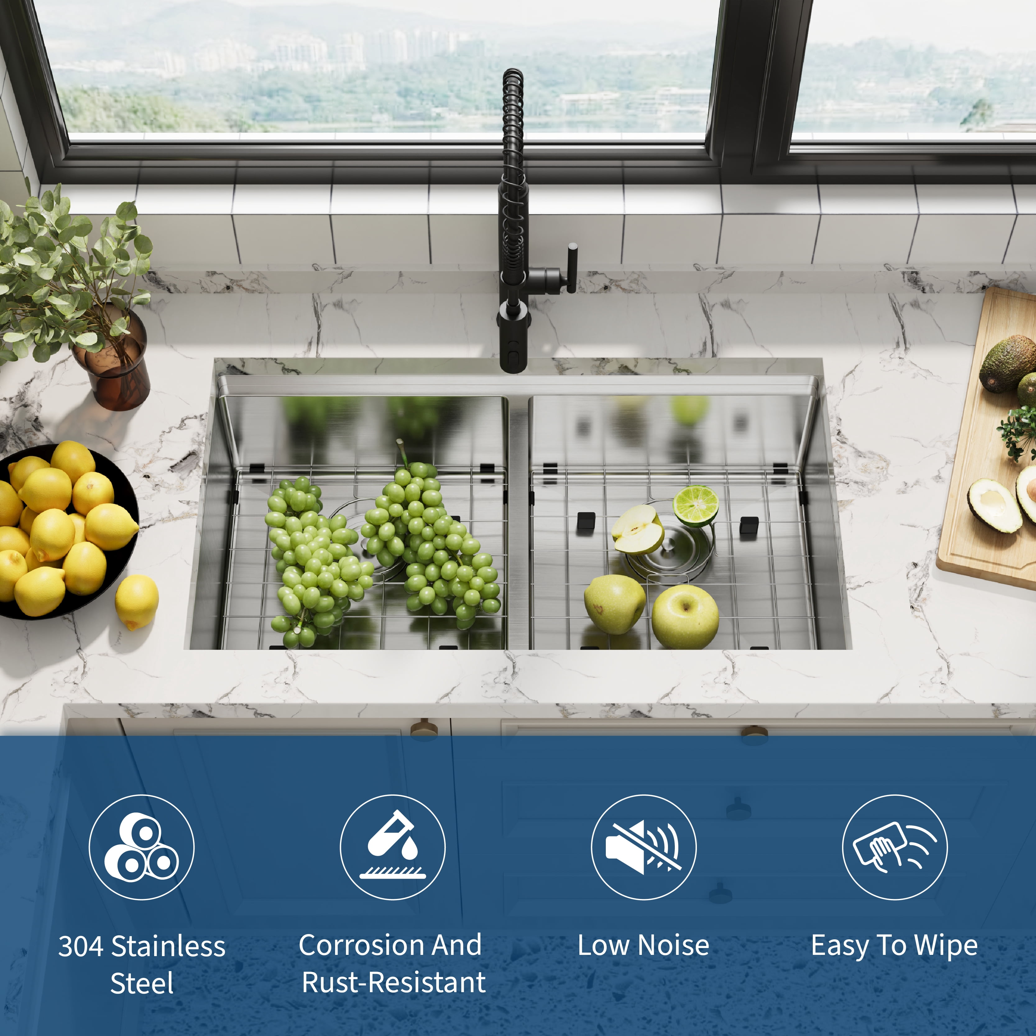 36x19 Inch Undermount Kitchen Sink, Double Bowl Design with Drainboard, 16 Gauge 304 Stainless Steel Construction, 10 Inch Deep, Includes Bottom Grid and Drain Assembly