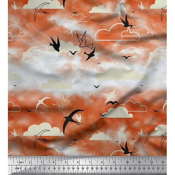 Soimoi Rayon Fabric Clouds & Flying Swift Bird Print Fabric by the Yard 56 Inch Wide