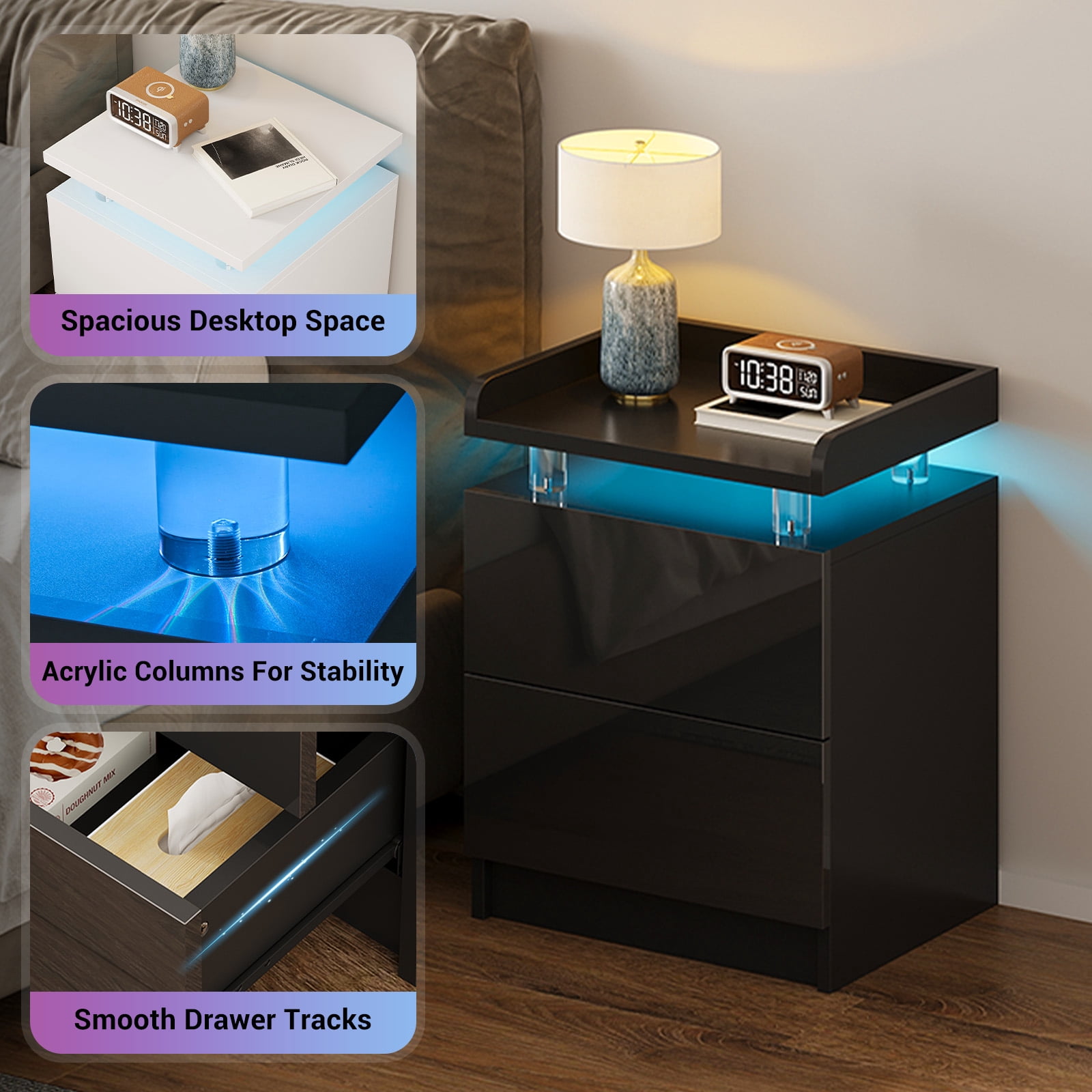 BaPiPro LED 18" Nightstand Set of 2, Modern LED End Table with 2 Drawers, Bedside Table with Lighting for Bedroom, Living Room, Black