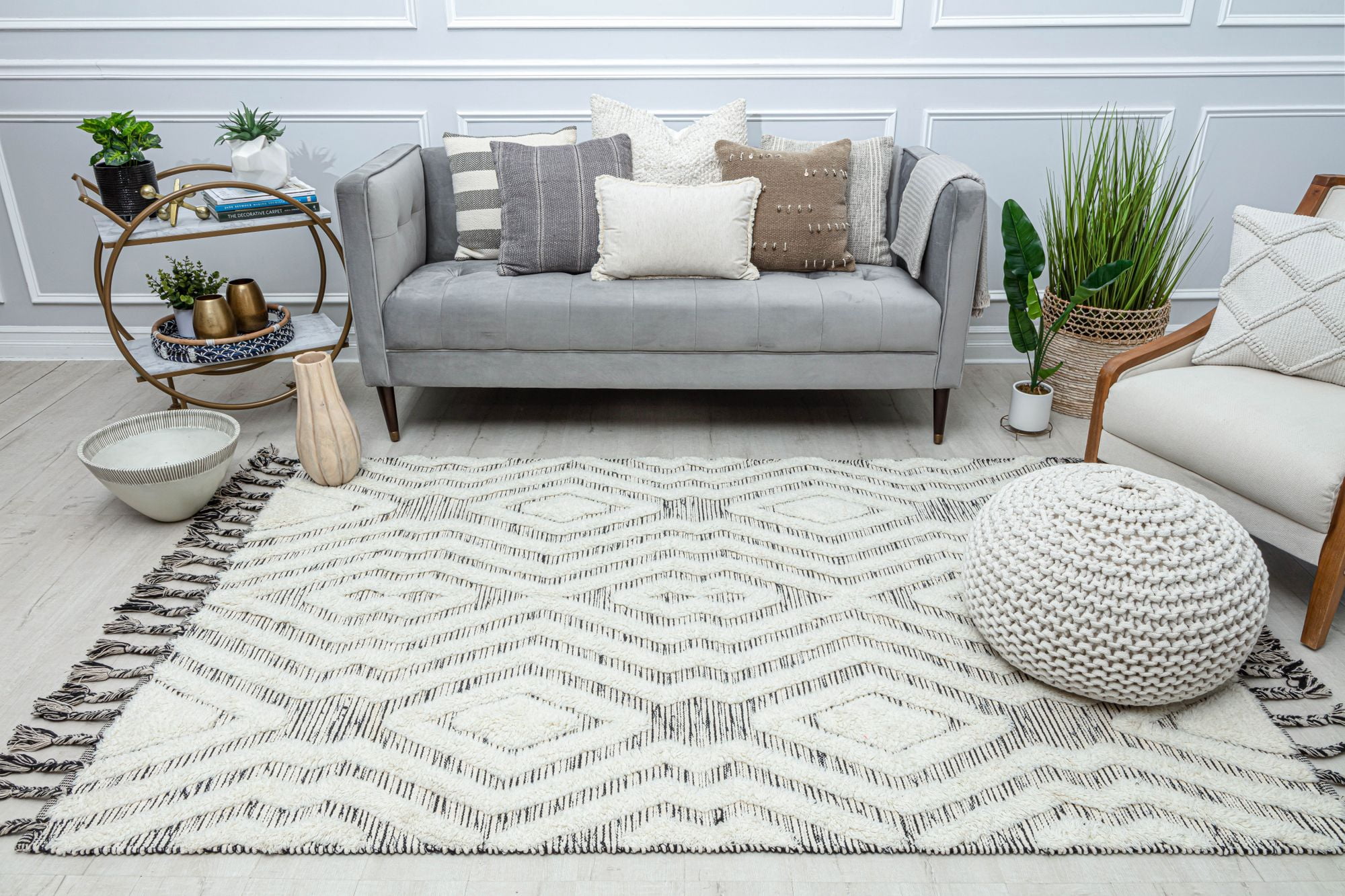 Rugs America Cream Almodine CR15A Textured/Diamond Bohemian White Area Rug, 5’0”x7’0”