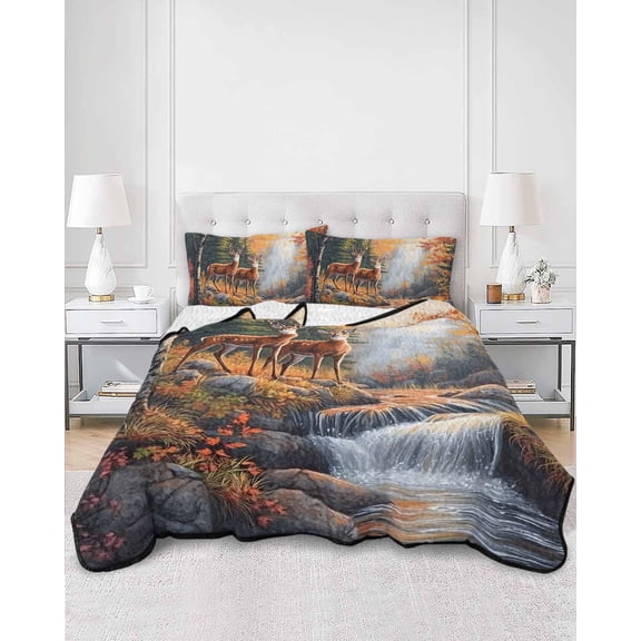 Quilts Twin Size, Orange Botanical Elk Soft Comforter Bedding Set for Bed, Farmhouse Deer River Lightweight Quilted Bedspread with Pillow Cover(2 Pieces) for All Season, 68x86 Inch