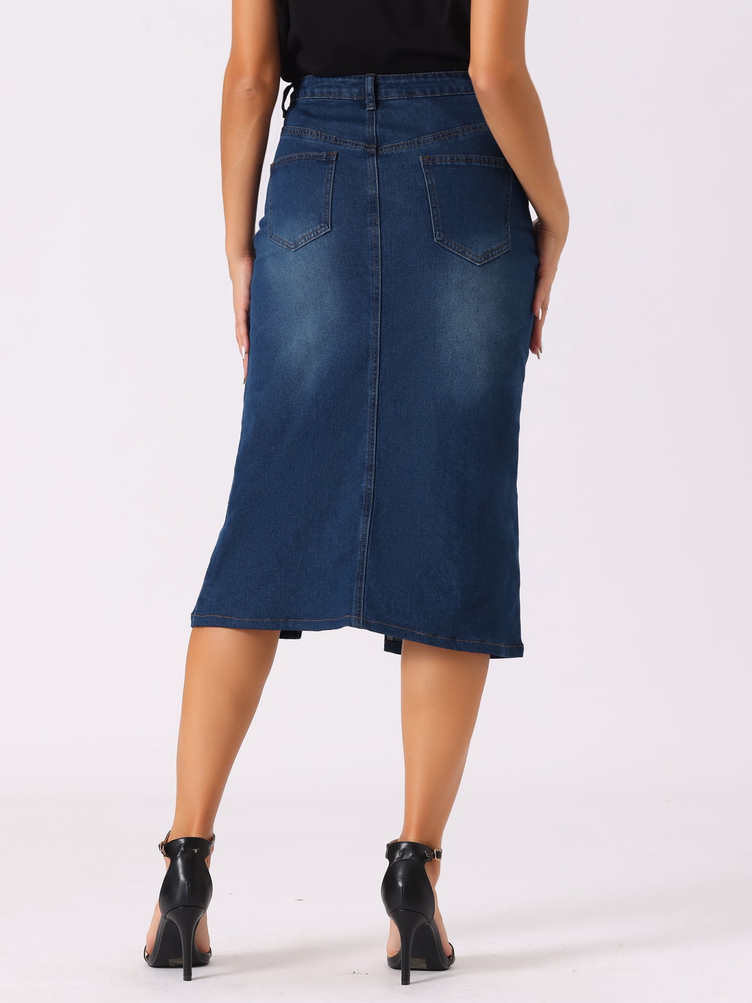DARING DIVA Women's Slit Front Washed Jean Midi Skirts with Pockets XL Dark Blue