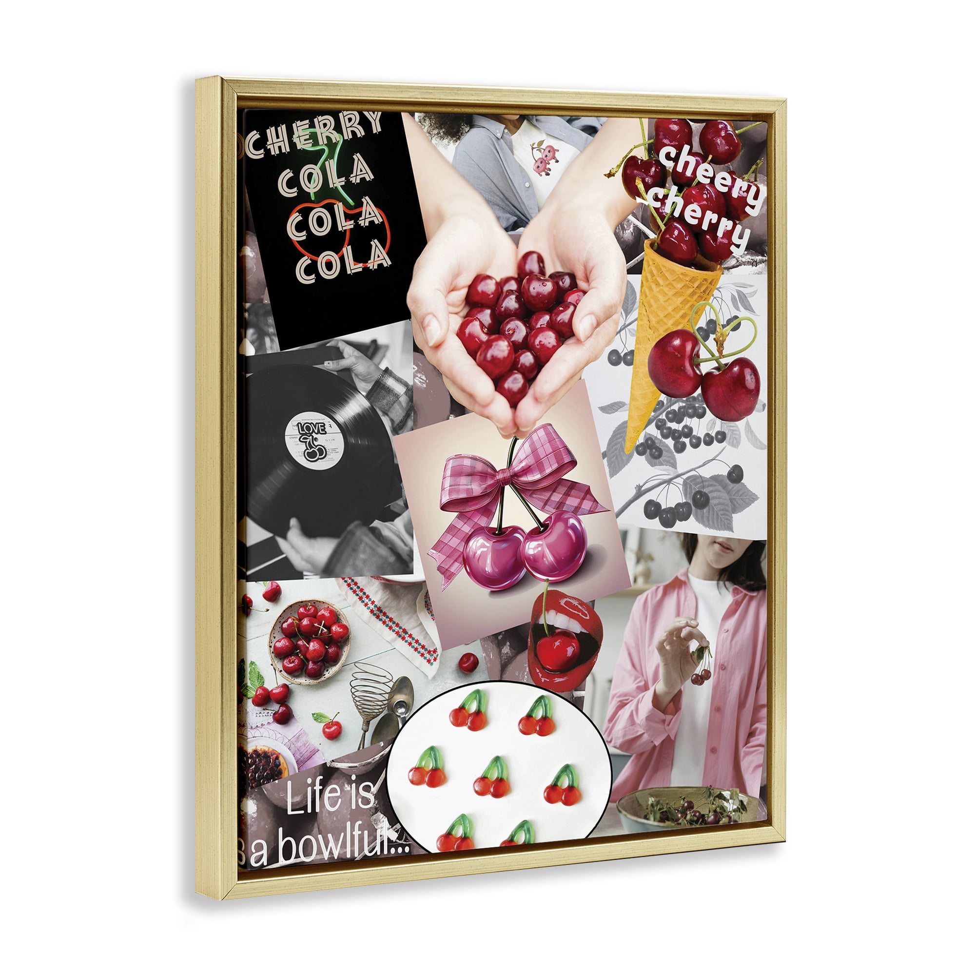 Stupell Industries Retro Cherry Mood Board Gold Framed Floater Canvas Wall Art, design by Grotto Studios