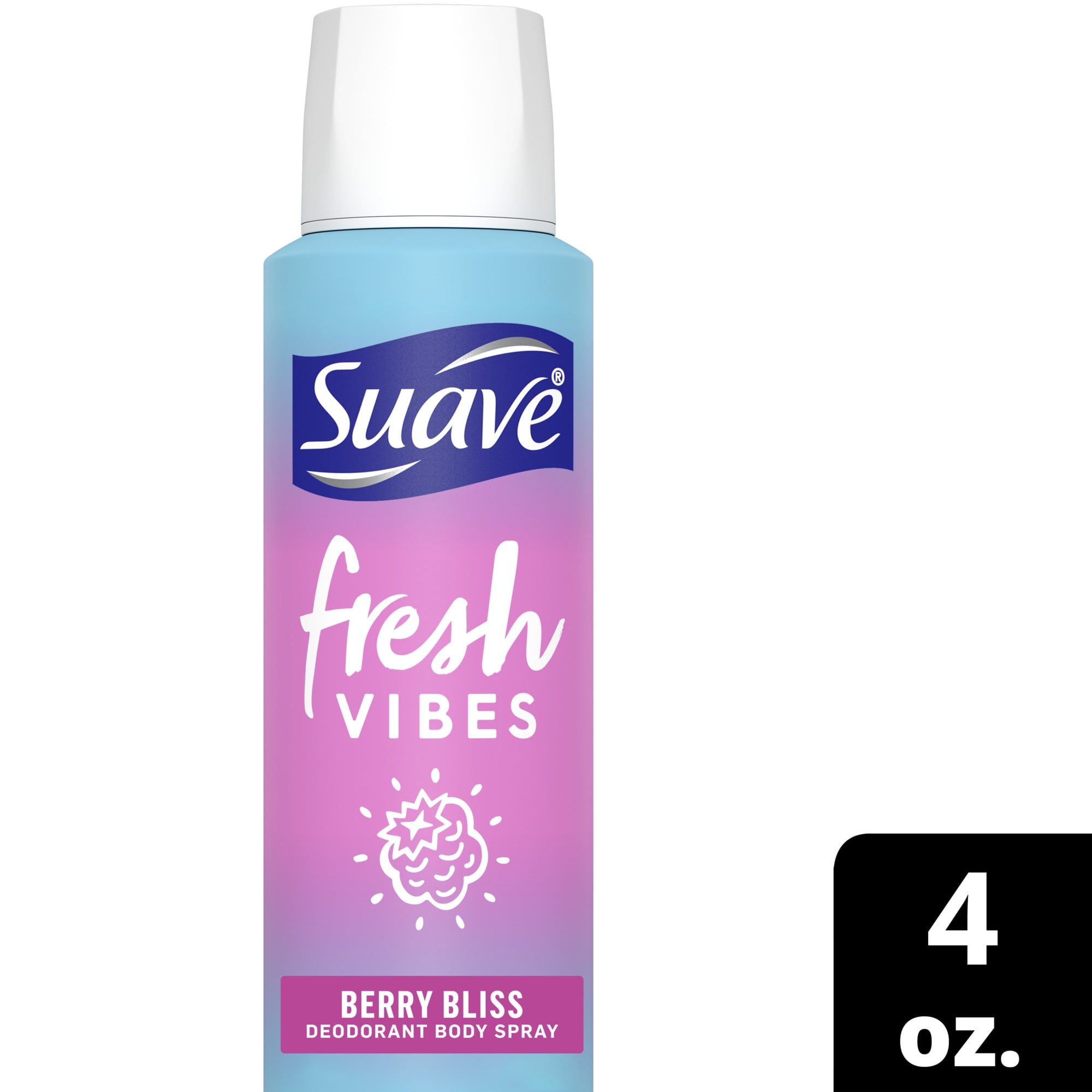 Suave Fresh Vibes Deodorant Body Spray, Aluminum Free 48 Hour Deodorant Protection, Berry Bliss Dermatologist Tested Body Spray Deodorant 4 OZ