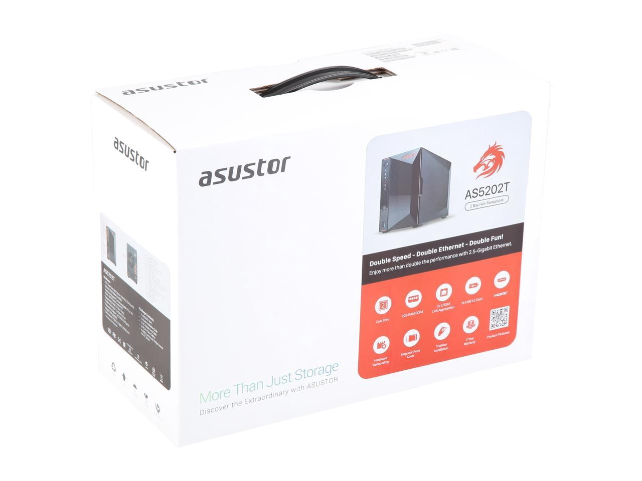 Asustor AS5202T | Gaming Inspired Network Attached Storage | 2.0GHz Dual-Core, Two 2.5GbE Port, 2GB RAM DDR4, 4GB eMMC Flash Memory | Personal Private Cloud (2 Bay Diskless NAS)
