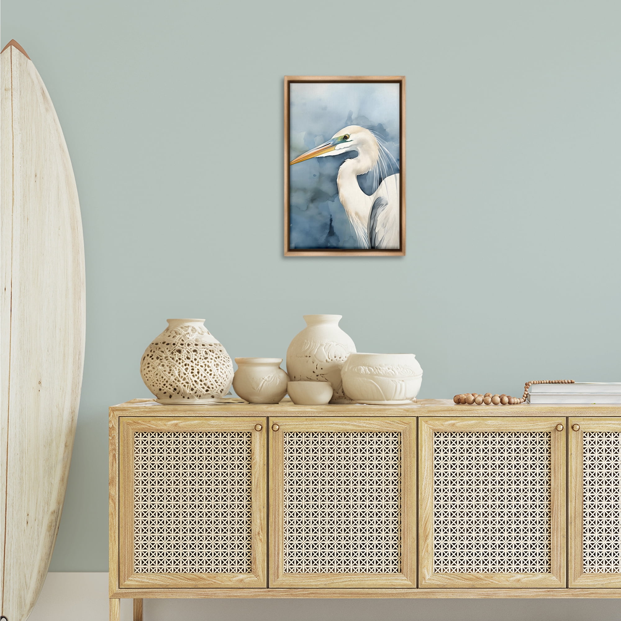 Stupell Industries Beach Bird on Blue Animals & Insects Painting Brown Floater Framed Canvas Art Print Wall Art, 17 x 25