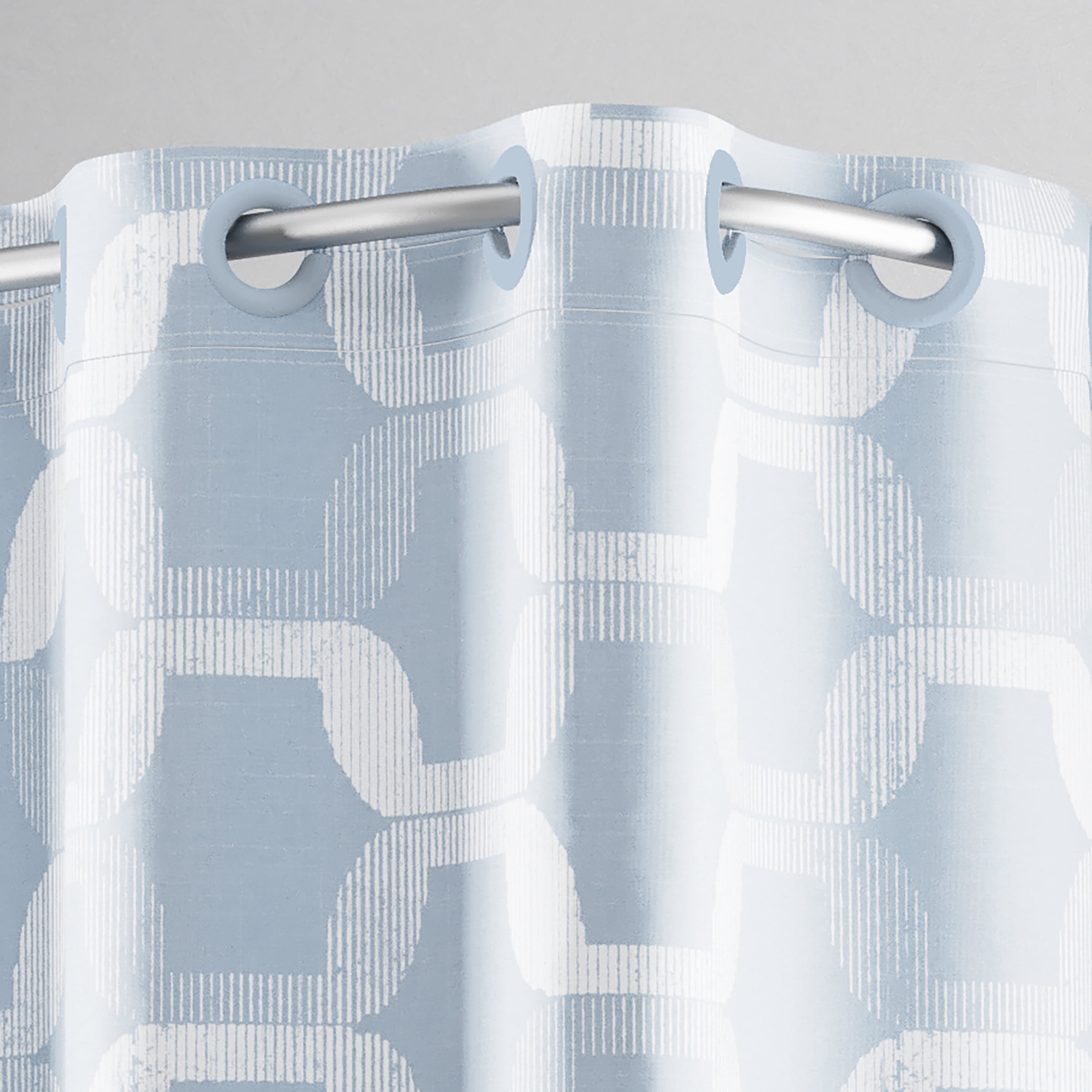 Hookless Faux Silk Shower Curtain with Flex-on Rings and It's a Snap! Fabric Liner with Magnets, 71 In Wide x 74 In Long, Geo Ombre Print, Blue