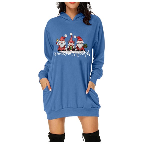 Women's Christmas Print Long Sleeve Hoodie Dress Casual Sweatshirt with Pockets Comfortable Warm Holiday Outfit