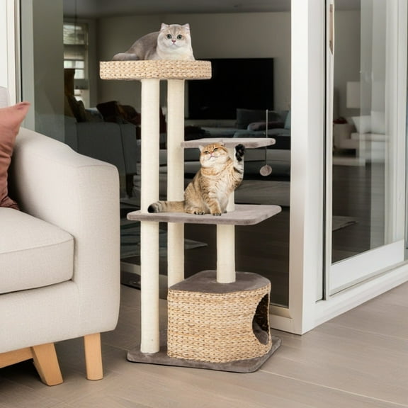 Demi Bonn 52" Cat Tree Tower for Indoor Cats, Cat Condo for Large Cats, Modern Cat Tree House Manual Hand Woven with Sisal, Cat Scratching Post, Beige